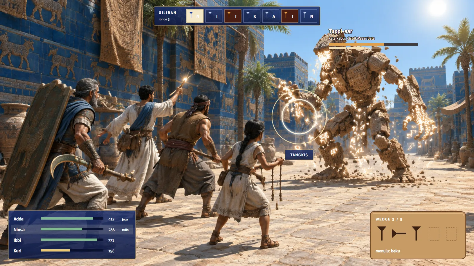 Tangkapan tempur dalam game di jalan bata glasir: party menghadapi Tuppi-sar, makhluk dari pecahan tablet. HUD menunjukkan urutan giliran tujuh baji di atas, darah party di kiri bawah, cincin tangkis di cakar musuh, dan tablet Wedge berisi tiga dari lima baji menuju kata beku.